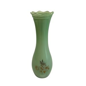 Vintage MCM Vase Soft Green Gold Etched Roses Ruffle Rim 8”